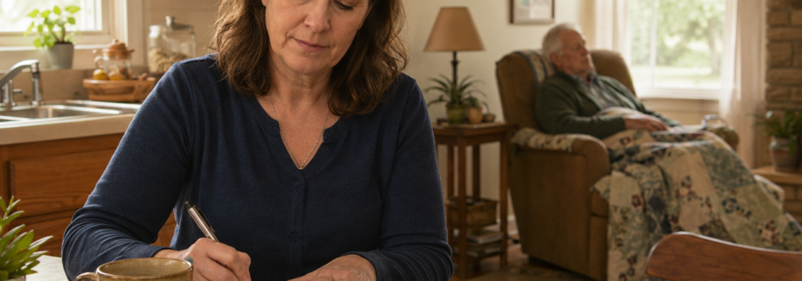 Exhausted Arkansas family caregiver sitting alone, representing the emotional and physical toll of caregiver burnout