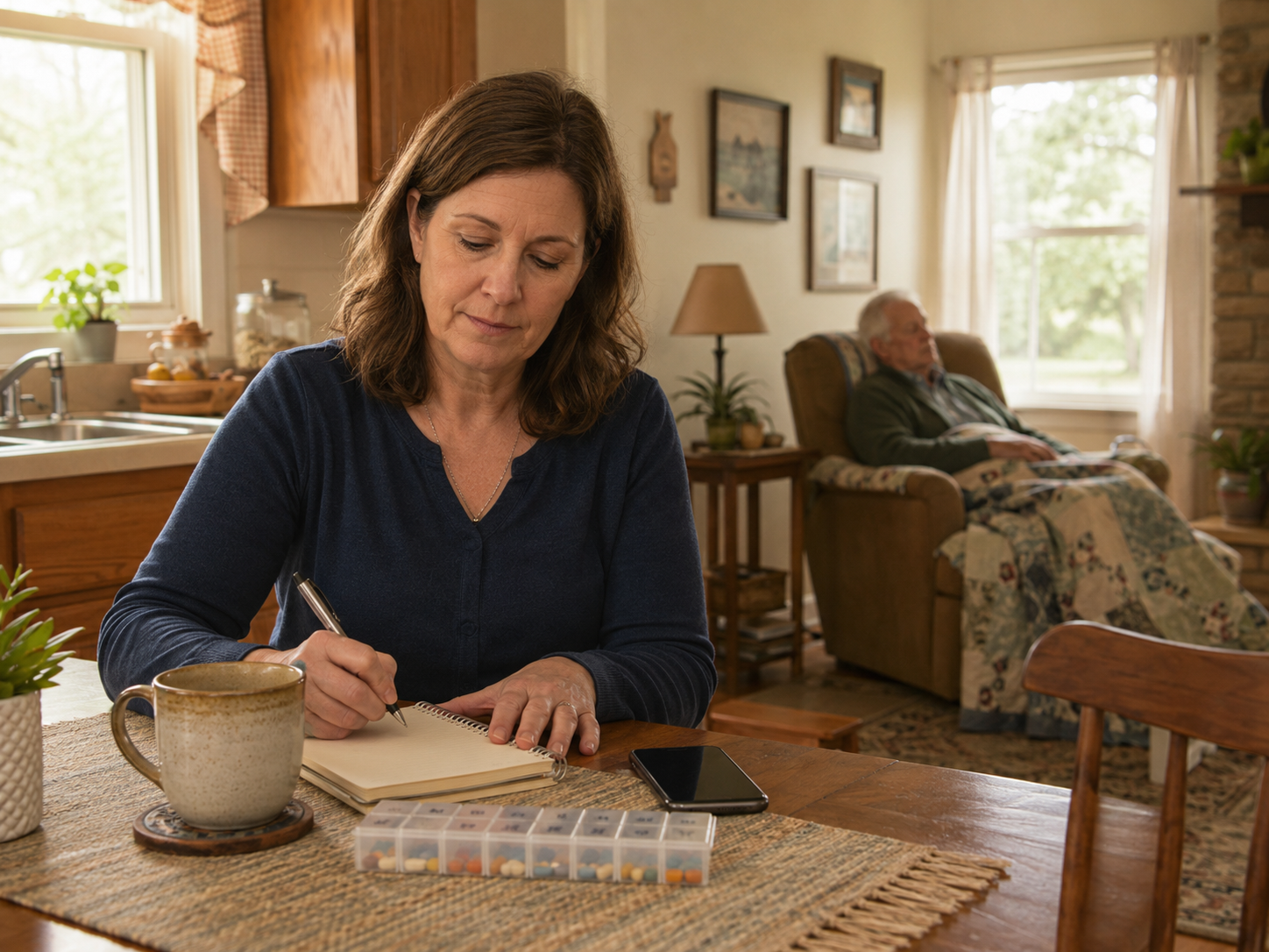 Exhausted Arkansas family caregiver sitting alone, representing the emotional and physical toll of caregiver burnout