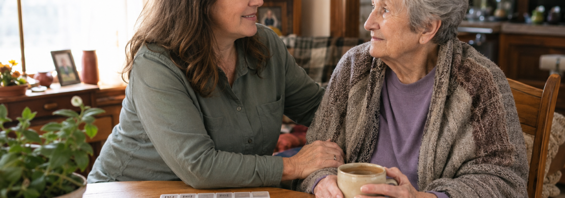 Family caregiver helping an elderly person with dementia at home in Arkansas