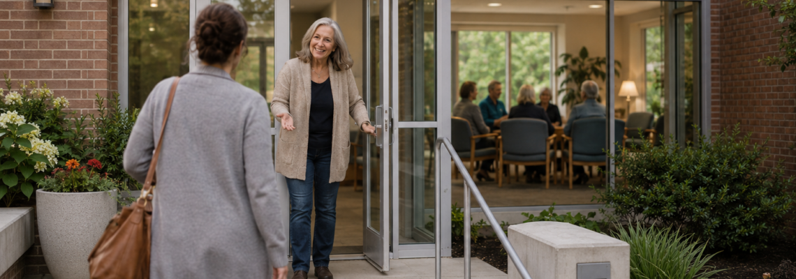 Tired family caregiver being welcomed into a community center for dementia caregiver support in Arkansas