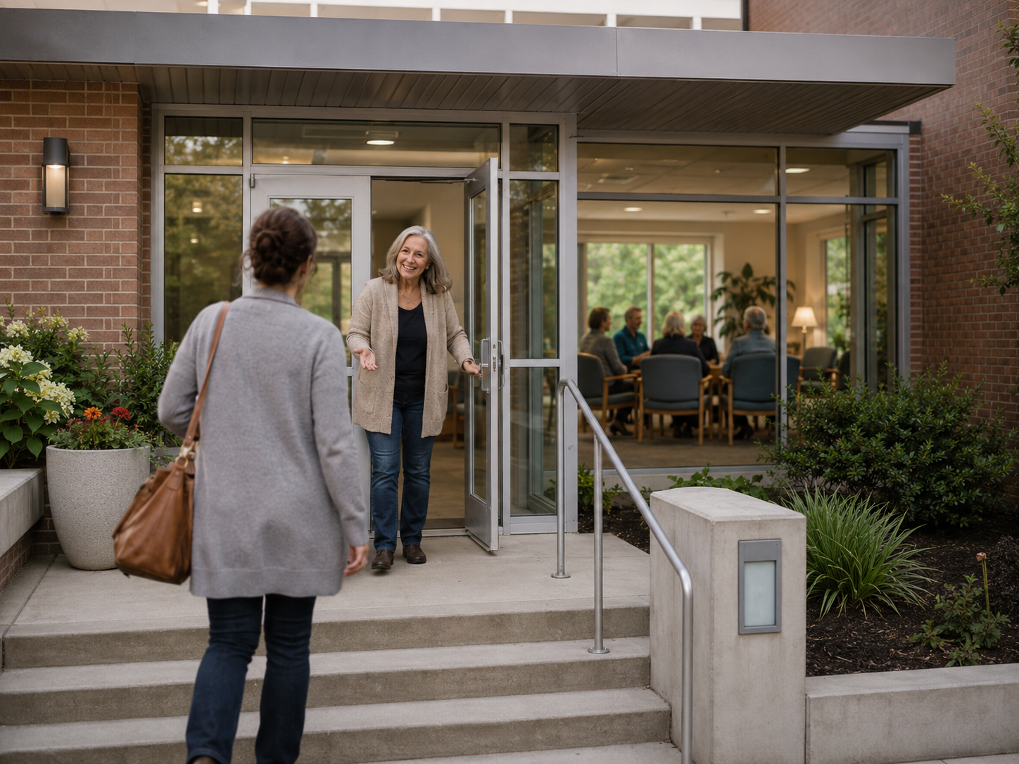 Tired family caregiver being welcomed into a community center for dementia caregiver support in Arkansas