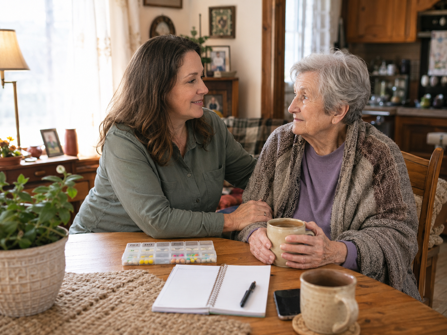 Family caregiver helping an elderly person with dementia at home in Arkansas