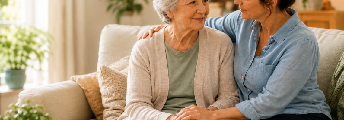 Adult daughter sitting close beside her elderly mother on a couch at home, holding her hand