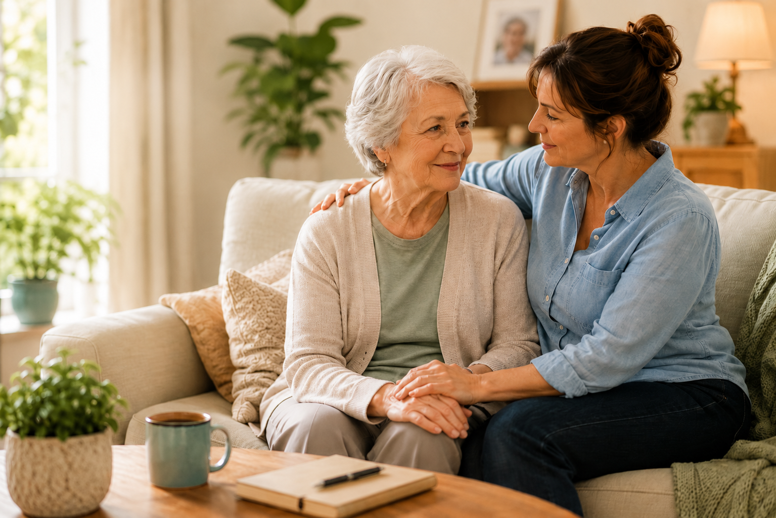 Adult daughter sitting close beside her elderly mother on a couch at home, holding her hand